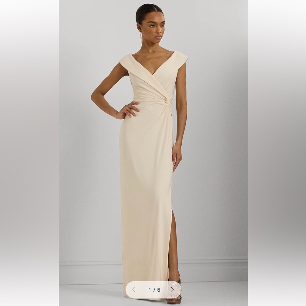 Ralph Lauren Jersey Off-the-Shoulder Side-Slit Column Gown Mascarpone Cream sz 4